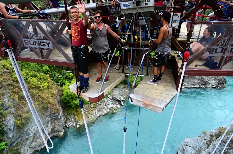 Smiles for the camera before my first solo bungee jump at the Kawarau Bridge