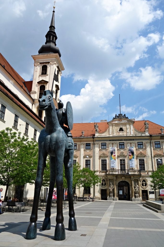 The statue of Margrave Jobst of Luxembourg is one of the outdoor installations at Moravian Square